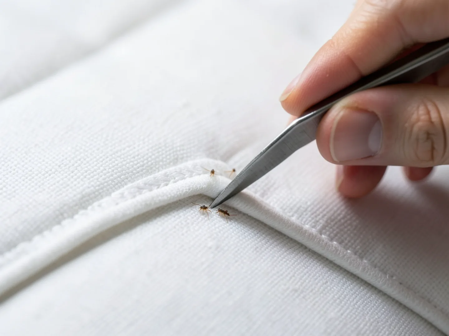 Inspecting mattress piping seam with flashlight and magnifying tool