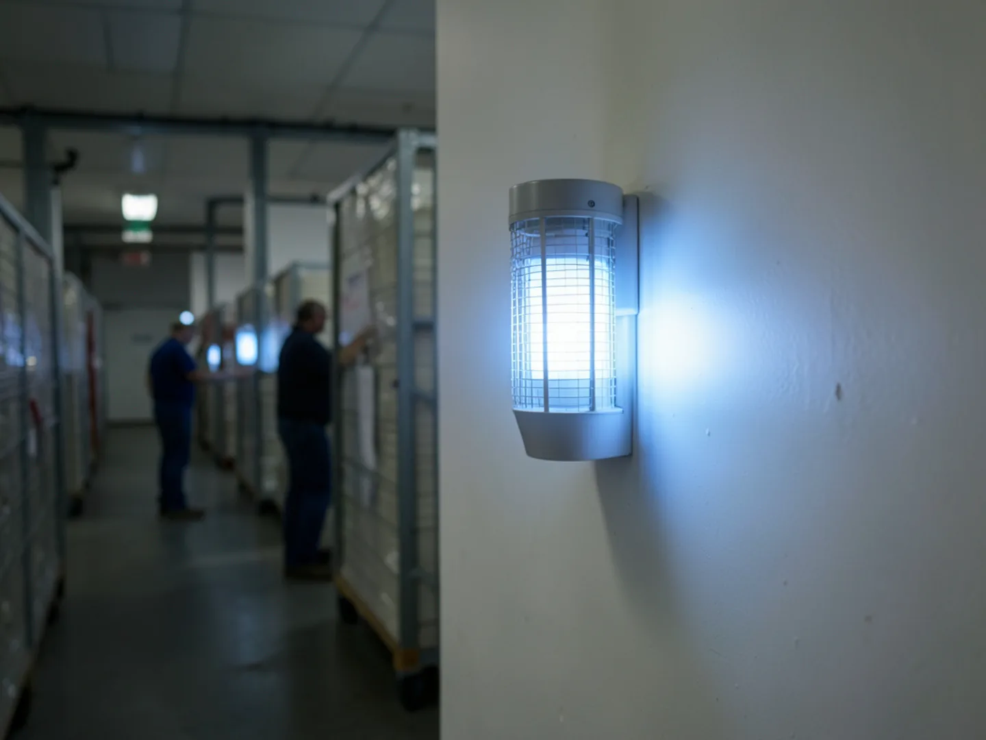 Electronic insect light trap in commercial kitchen hallway