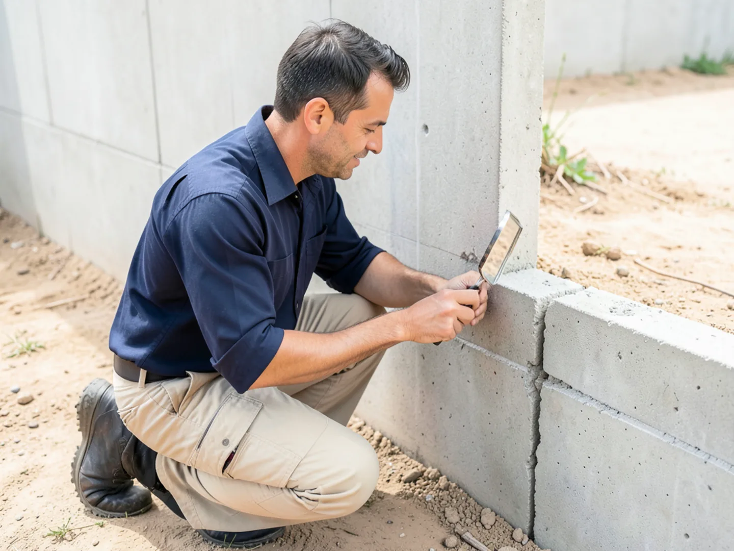 Pest technician inspecting slab foundation perimeter in Ruskin FL