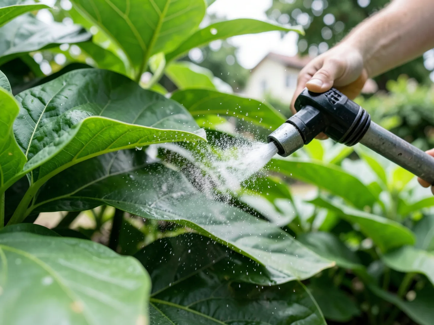 Spraying undersides of ornamental shrub leaves for resting mosquitoes