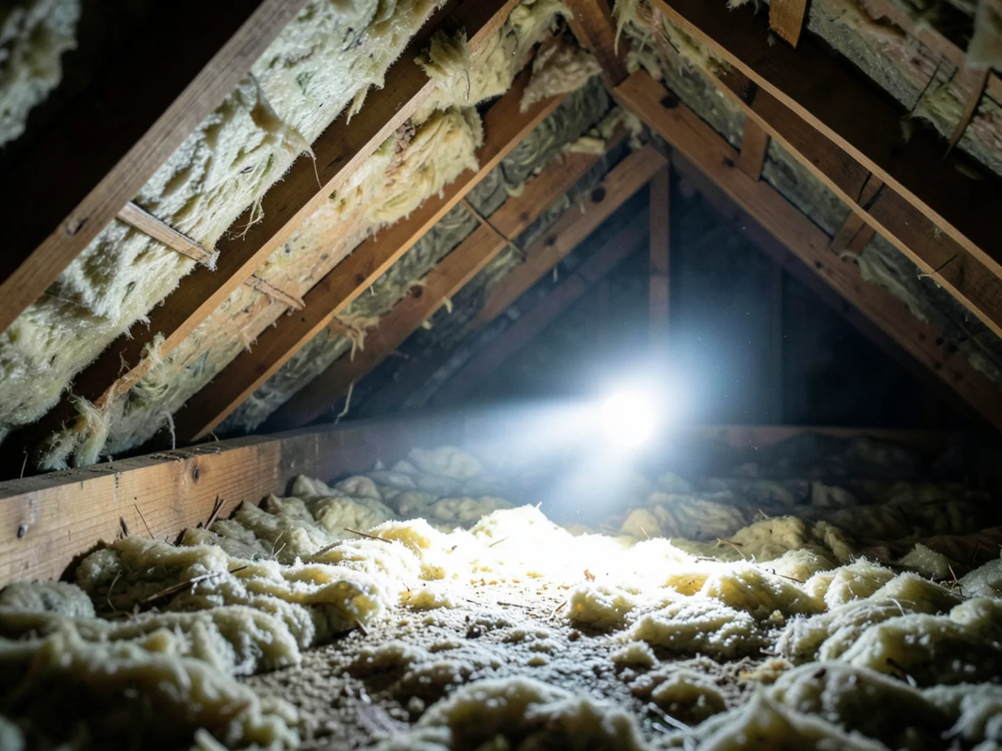 Attic insulation inspection showing rodent rub marks and droppings