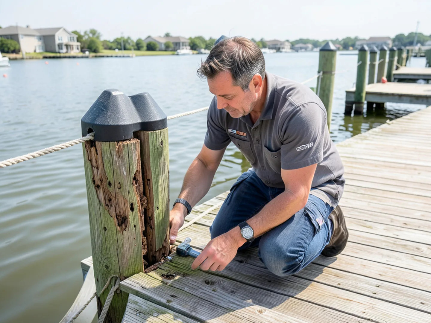 Inspecting boat dock pilings and seawall edges in Apollo Beach FL for termite activity