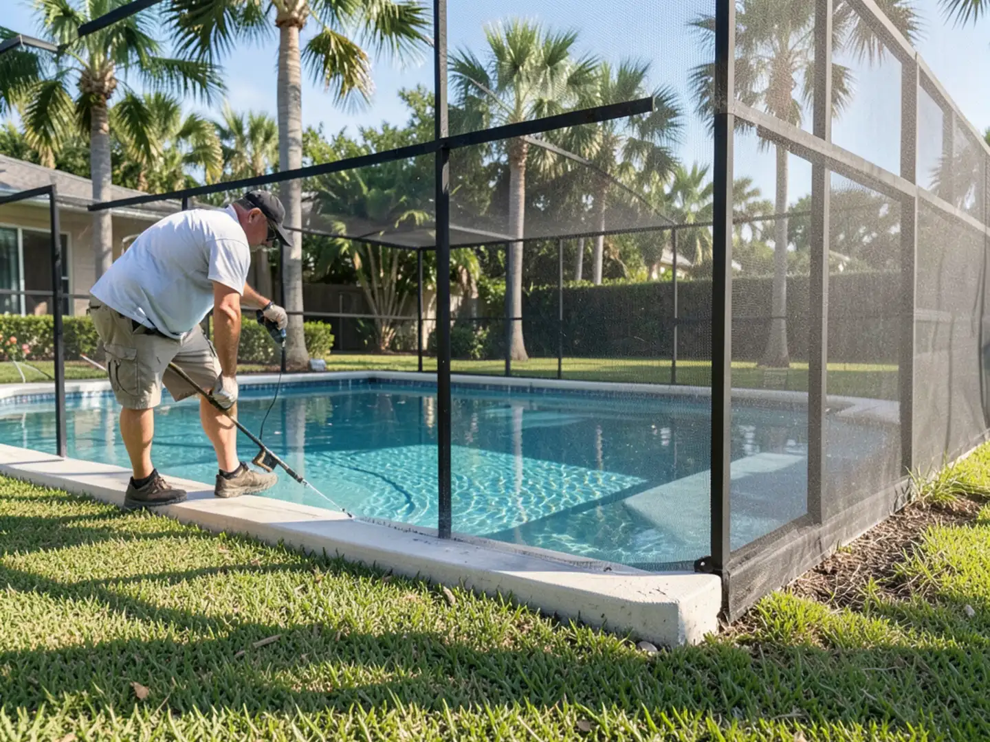 Perimeter mist barrier along screened pool lanai in Apollo Beach