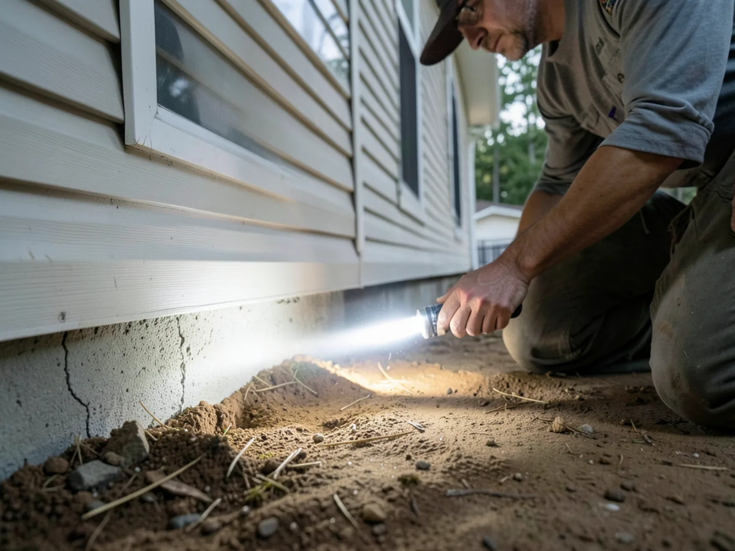 Inspecting manufactured home crawlspace skirting in Gibsonton