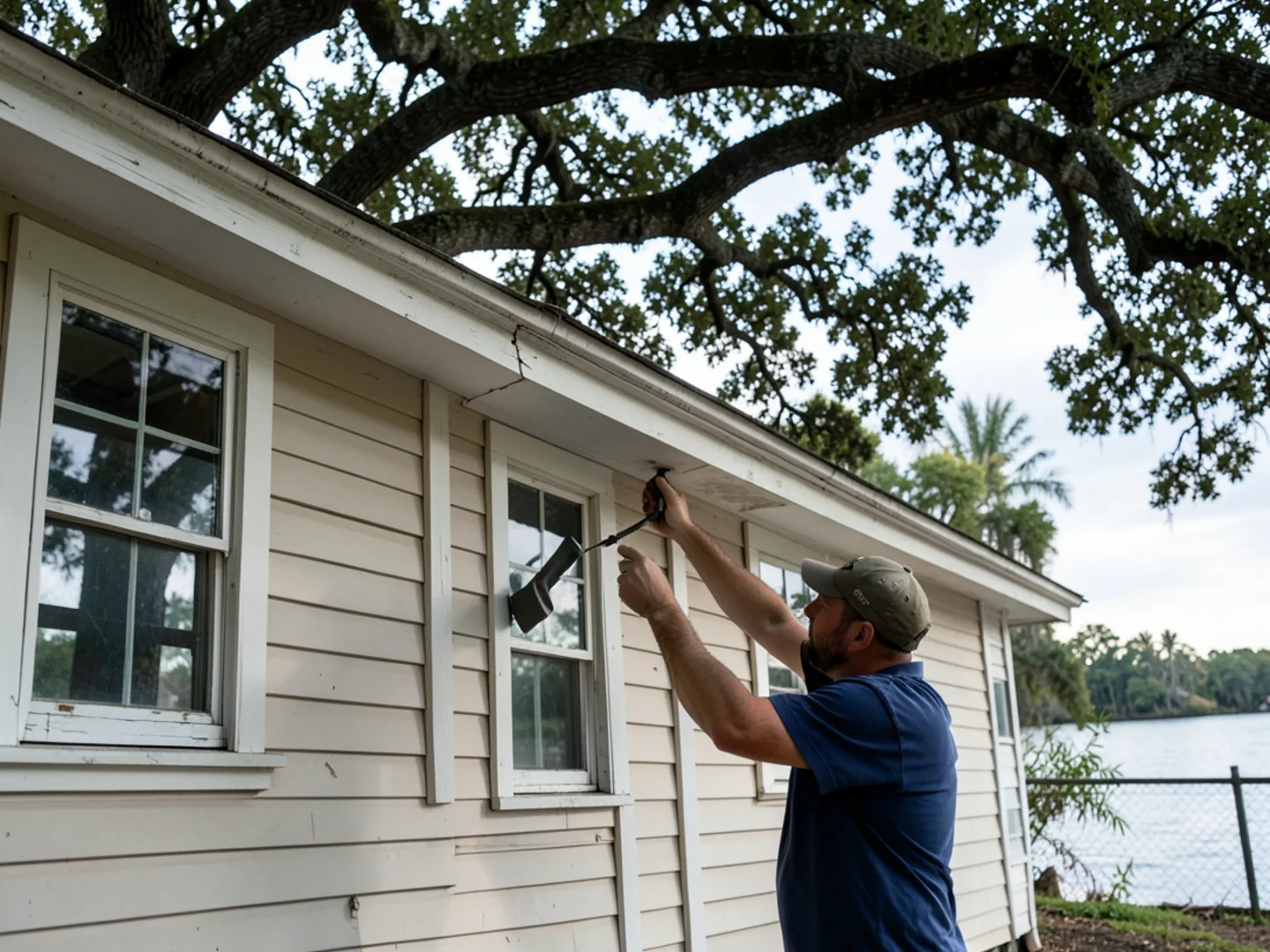 Inspecting live oak canopy touching roofline near Manatee River in Palmetto