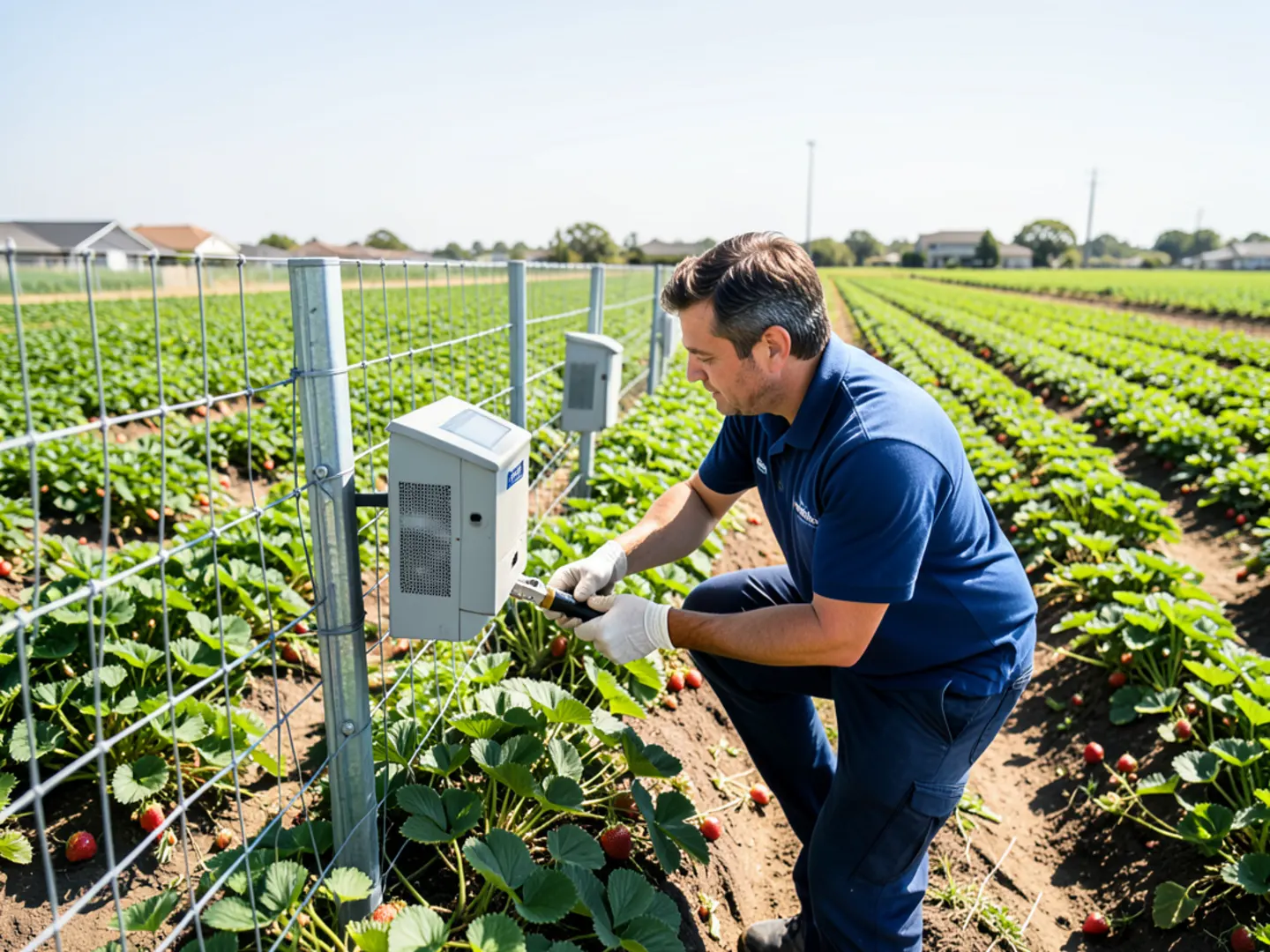 Rodent exclusion stations along strawberry field boundary in Plant City FL