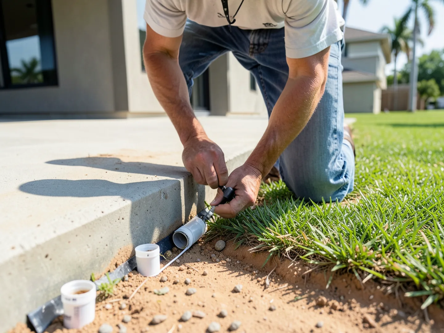 Installing termite monitoring stations on 5-year-old slab in Wimauma
