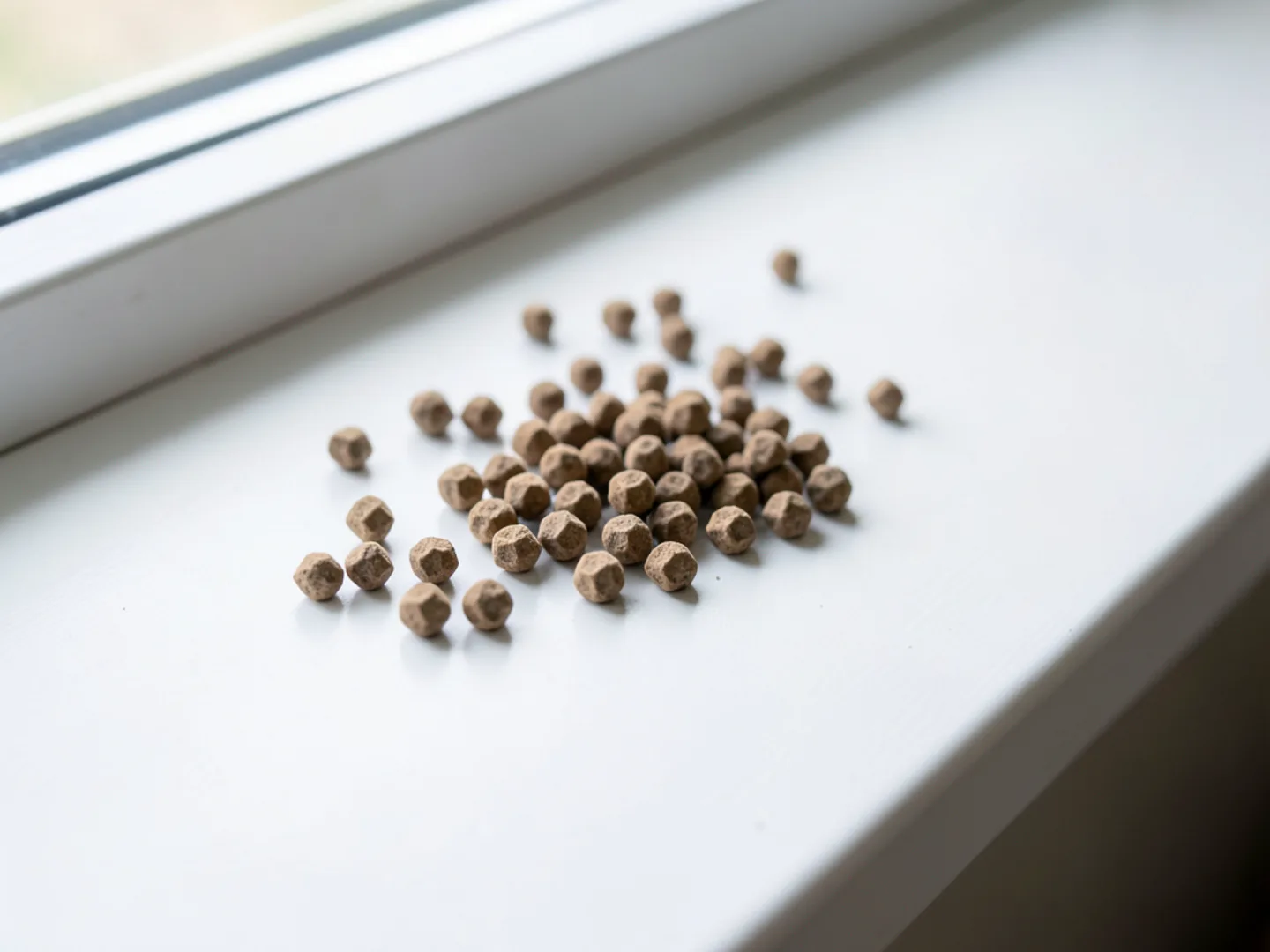 Drywood termite hexagonal fecal frass pellets on windowsill